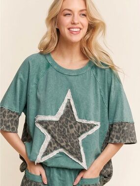 "The Matcha" Green TOP Mineral Washed Leopard Star Top